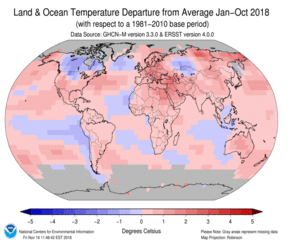 January-October Blended Land and Sea Surface Temperature Anomalies in degrees Celsius