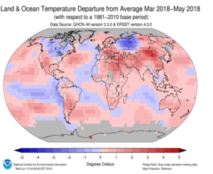 March-May Blended Land and Sea Surface Temperature Anomalies in degrees Celsius