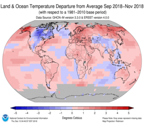 September-November Blended Land and Sea Surface Temperature Anomalies in degrees Celsius