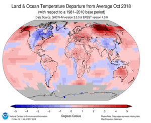 October Blended Land and Sea Surface Temperature Anomalies in degrees Celsius