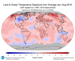 January–August Blended Land and Sea Surface Temperature Anomalies in degrees Celsius