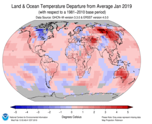 JanuaryBlended Land and Sea Surface Temperature Anomalies in degrees Celsius