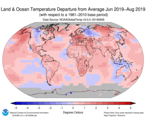 June-August Blended Land and Sea Surface Temperature Anomalies in degrees Celsius