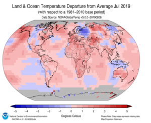July Blended Land and Sea Surface Temperature Anomalies in degrees Celsius