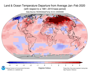 January–February Blended Land and Sea Surface Temperature Anomalies in degrees Celsius