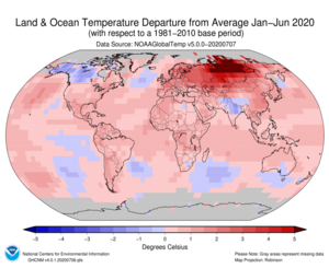 January–June Blended Land and Sea Surface Temperature Anomalies in degrees Celsius