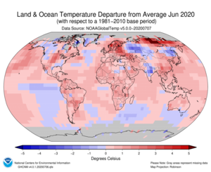 June Blended Land and Sea Surface Temperature Anomalies in degrees Celsius