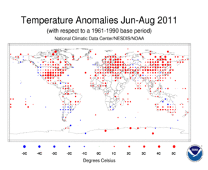 June–August 2011 Land Surface Temperature Anomalies in degree Celsius