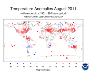 August 2011 Land Surface Temperature Anomalies in degree Celsius