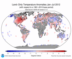 January–July 2012 Land Surface Temperature Anomalies in degree Celsius