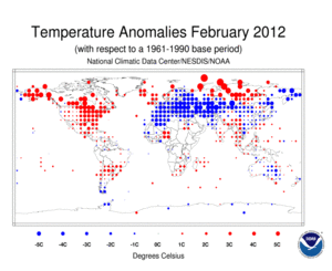February 2012 Land Surface Temperature Anomalies in degree Celsius