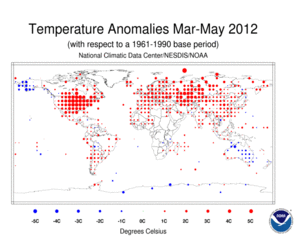 March – May 2012 Land Surface Temperature Anomalies in degree Celsius