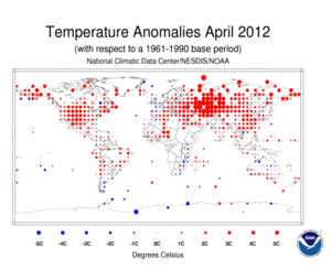 April 2012 Land Surface Temperature Anomalies in degree Celsius