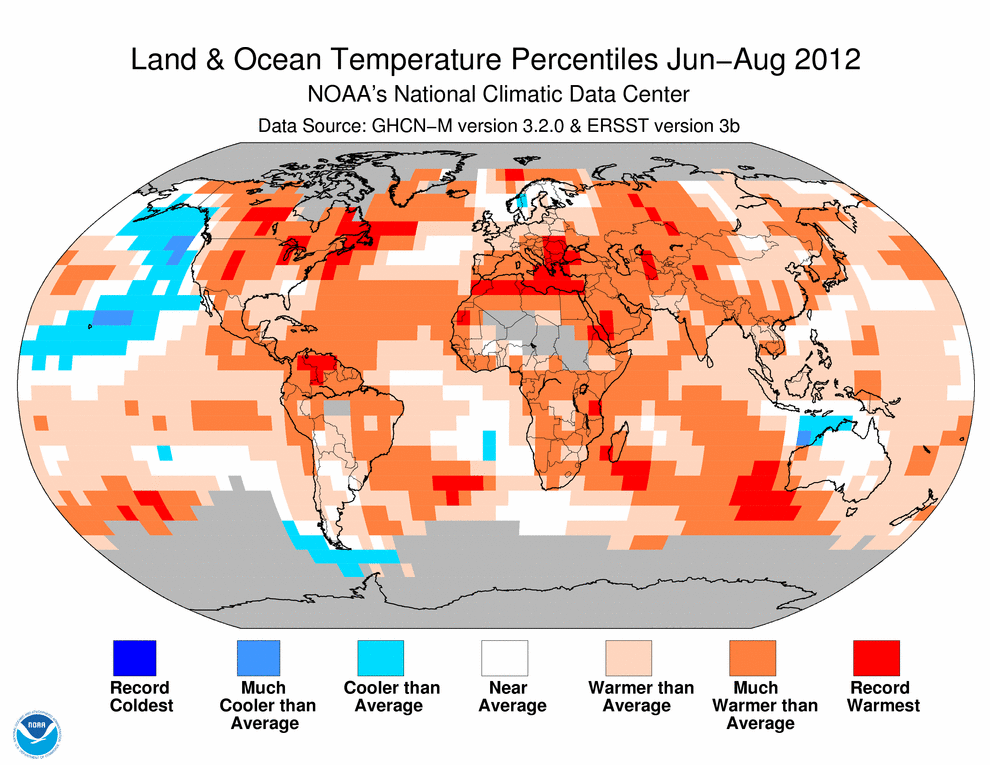 June–August Blended Land and Sea Surface Temperature Percentiles