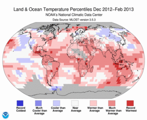 December 2012–February Blended Land and Sea Surface Temperature Percentiles