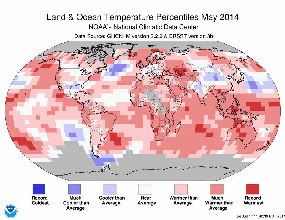 May 2014 Blended Land and Sea Surface Temperature Percentiles