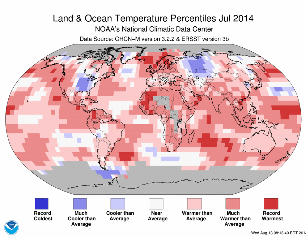 July 2014 Blended Land and Sea Surface Temperature Percentiles