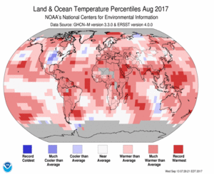 August Blended Land and Sea Surface Temperature Percentiles