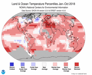 January-October Blended Land and Sea Surface Temperature Percentiles