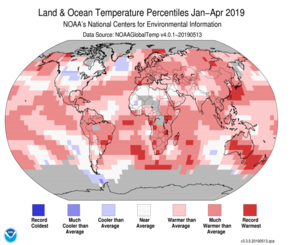 January-April Blended Land and Sea Surface Temperature Percentiles