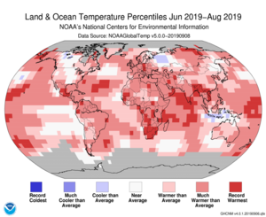 June-August Blended Land and Sea Surface Temperature Percentiles
