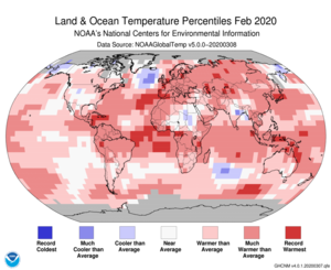 February Blended Land and Sea Surface Temperature Percentiles