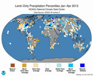 January - April 2013 Land-Only Precipitation Percentiles