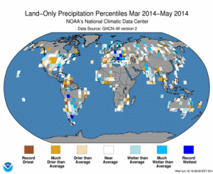 March 2014 - May 2014 Land-Only Precipitation Percentiles