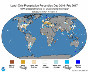 December - February 2017 Land-Only Precipitation Percentiles