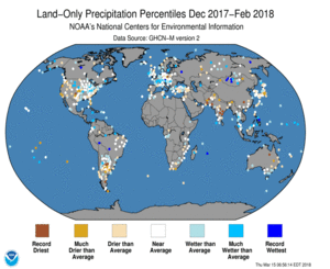 December - February 2018 Land-Only Precipitation Percentiles