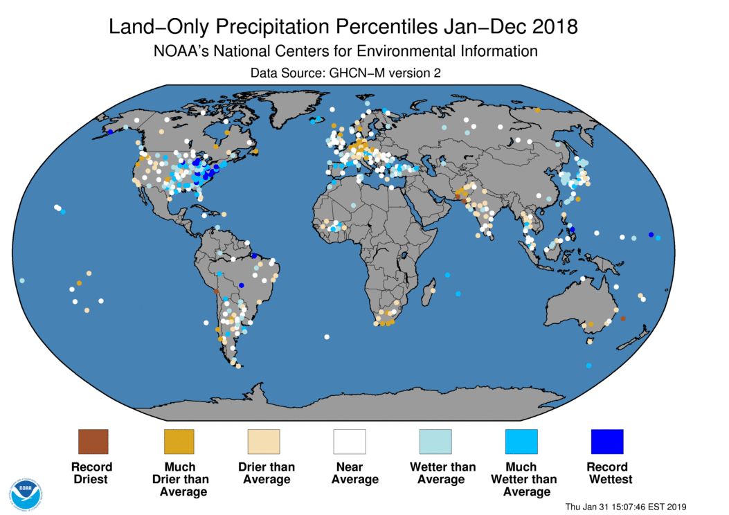 January–December 2018 Land-Only Precipitation Percententiles