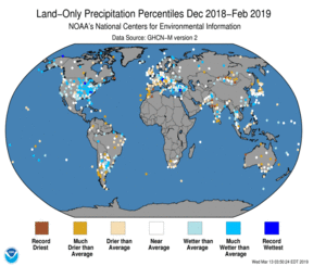 December - February 2019 Land-Only Precipitation Percentiles