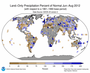 June–August 2012 Land-Only Precipitation Percent of Normal