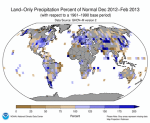 December 2012 - February 2013 Land-Only Precipitation Percent of Normal