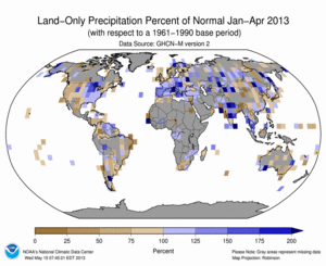 January - April 2013 Land-Only Precipitation Percent of Normal