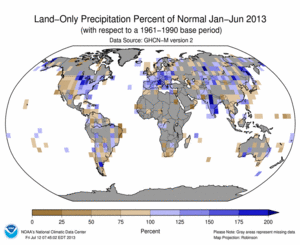 January - June 2013 Land-Only Precipitation Percent of Normal