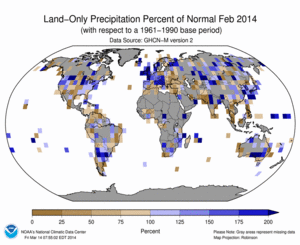 February 2014 Land-Only Precipitation Percent of Normal