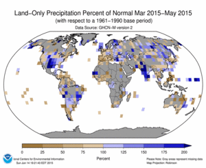 March 2014 - May 2015 Land-Only Precipitation Percent of Normal