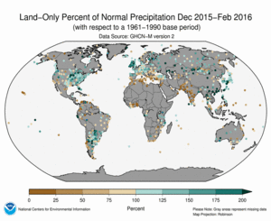 December - February 2016 Land-Only Precipitation Percent of Normal