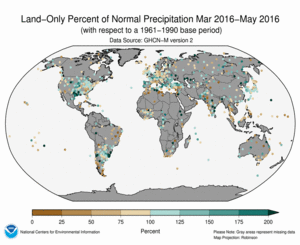 March - May 2016 Land-Only Precipitation Percent of Normal