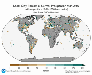 March 2016 Land-Only Precipitation Percent of Normal