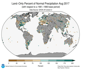 August 2017 Land-Only Precipitation Percent of Normal