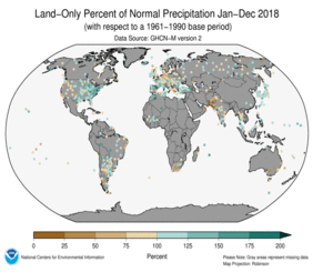 January–December 2018 Land-Only Precipitation Percent of Normal