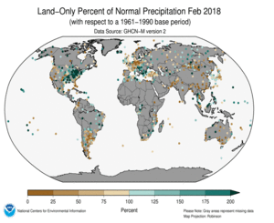 February 2018 Land-Only Precipitation Percent of Normal
