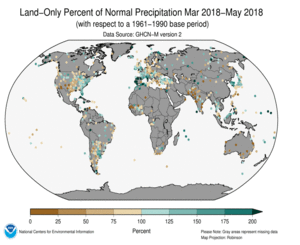 March - May 2018 Land-Only Precipitation Percent of Normal