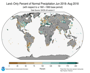 June - August 2018 Land-Only Precipitation Percent of Normal
