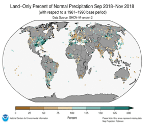 September - November 2018 Land-Only Precipitation Percent of Normal