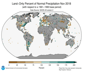 November 2018 Land-Only Precipitation Percent of Normal