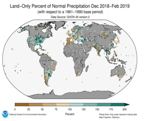 December - February 2019 Land-Only Precipitation Percent of Normal