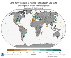 December 2018 Land-Only Precipitation Percent of Normal
